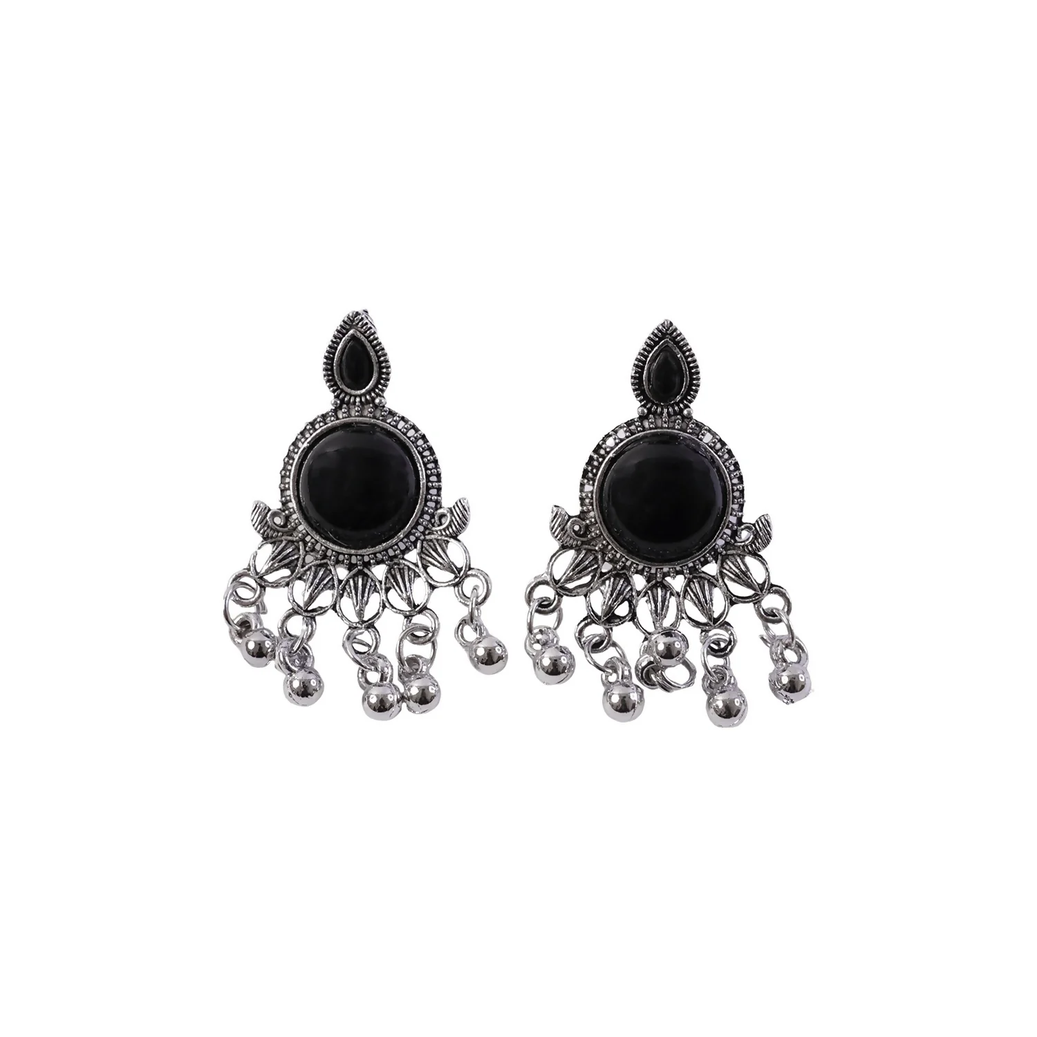 Oxidized Silver Teal Black Stone Jhumka Earrings | Antique Floral Stud Drops - Image 5