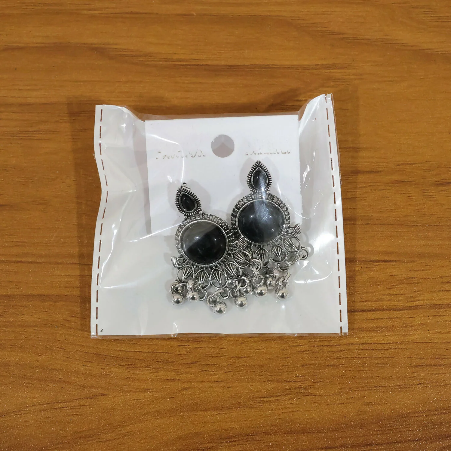 Oxidized Silver Teal Black Stone Jhumka Earrings | Antique Floral Stud Drops - Image 6