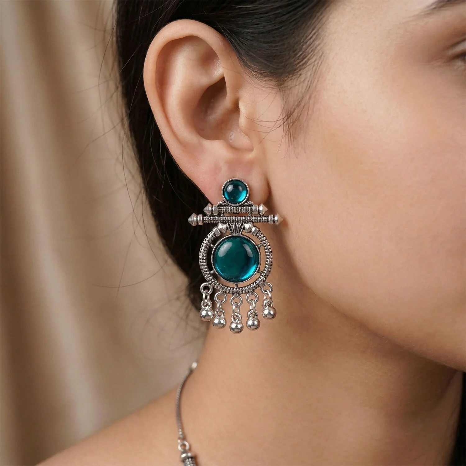 Oxidized Silver Teal Stone Earrings | Traditional Ethnic Jewelry | Women’s Fashion Drops - Image 2