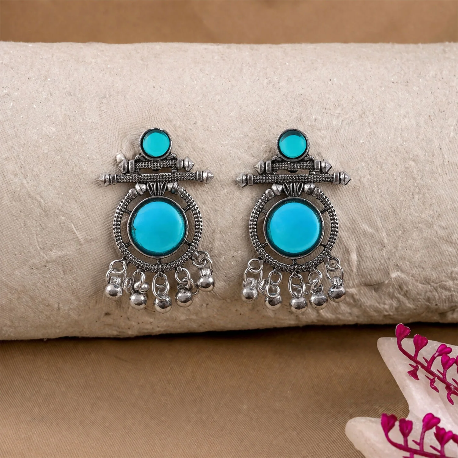 Oxidized Silver Teal Stone Earrings | Traditional Ethnic Jewelry | Women’s Fashion Drops - Image 3