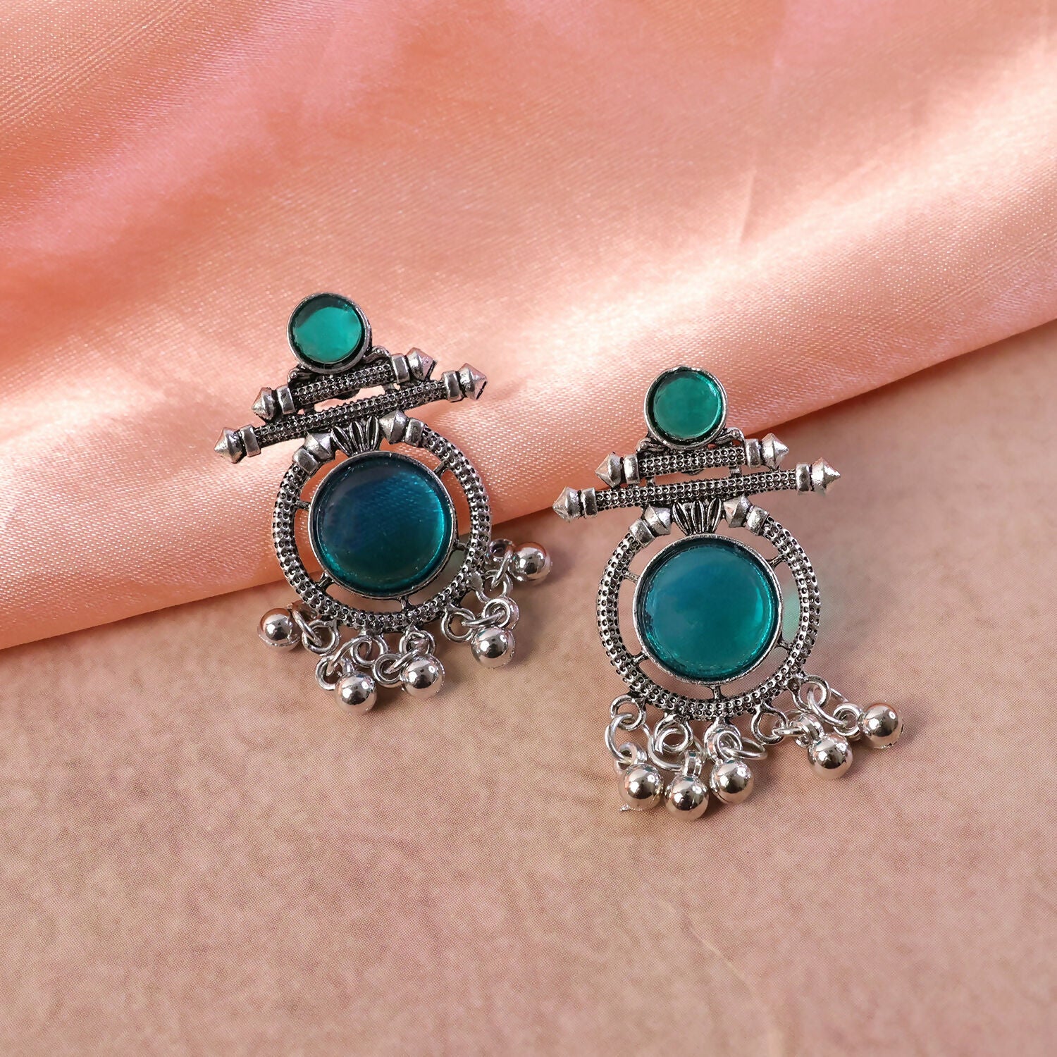 Oxidized Silver Teal Stone Earrings | Traditional Ethnic Jewelry | Women’s Fashion Drops - Image 4