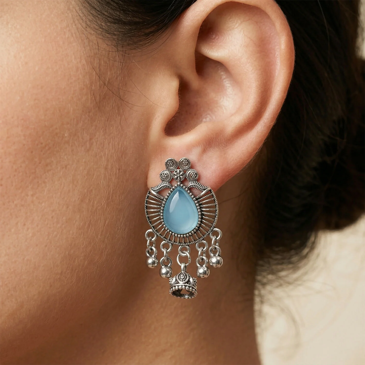 Oxidized Silver Teardrop Jhumka Earrings with Sky Blue Stone and Ghungroo Charms - Image 2