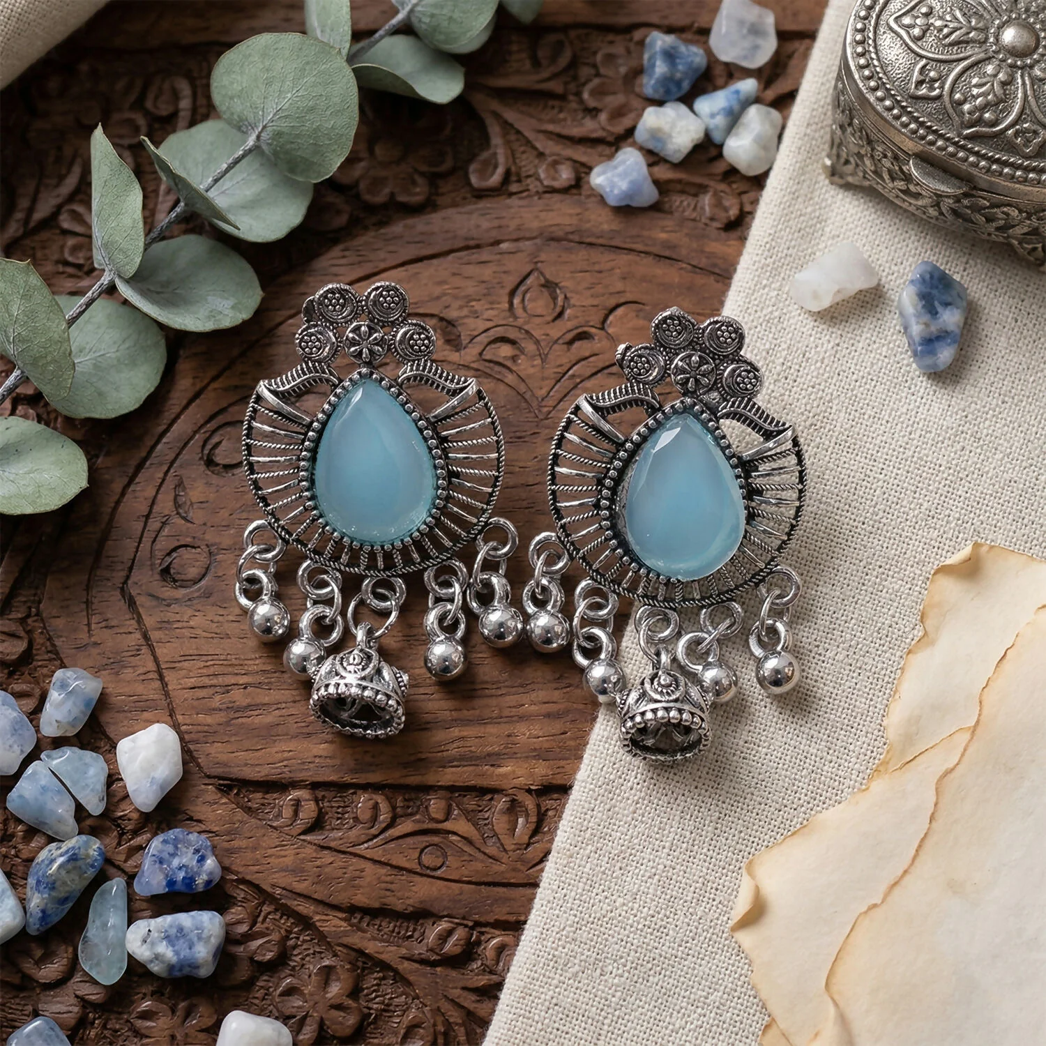 Oxidized Silver Teardrop Jhumka Earrings with Sky Blue Stone and Ghungroo Charms - Image 3
