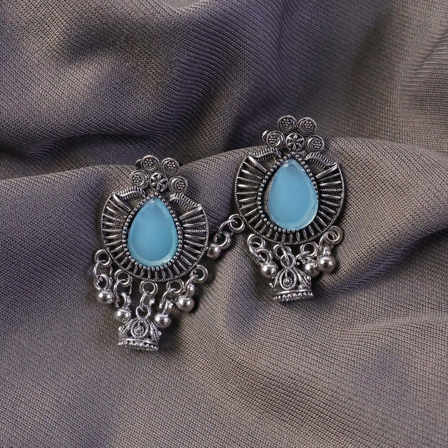 Oxidized Silver Teardrop Jhumka Earrings with Sky Blue Stone and Ghungroo Charms - Image 4