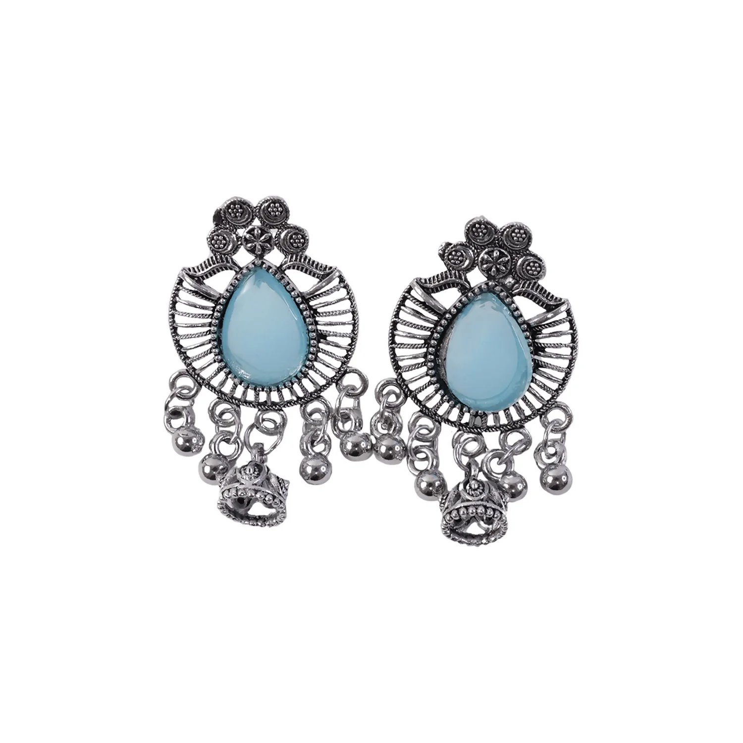 Oxidized Silver Teardrop Jhumka Earrings with Sky Blue Stone and Ghungroo Charms - Image 6