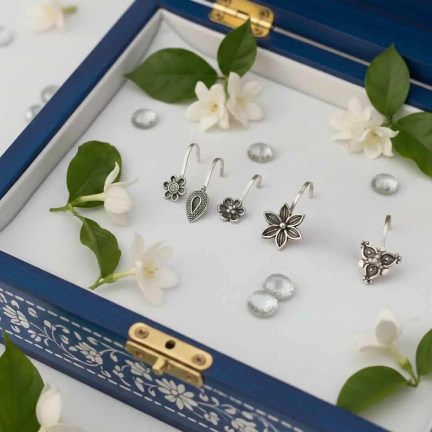 Oxidized Silver Traditional Floral Nose Pins Combo for Women & Girls (Pack of 5) - Image 4