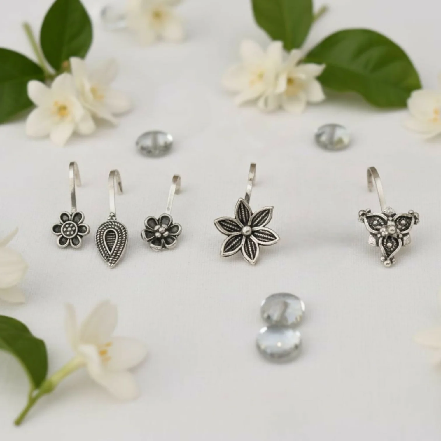 Oxidized Silver Traditional Floral Nose Pins Combo for Women & Girls (Pack of 5) - Image 6