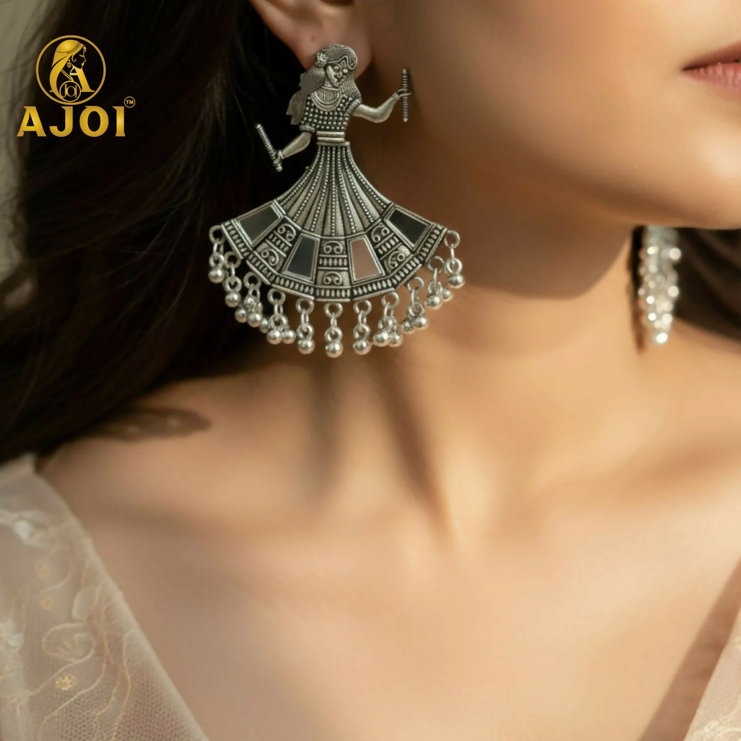 Oxidized Silver Tribal Dancer Earrings with Ghungroo Detailing - Image 2