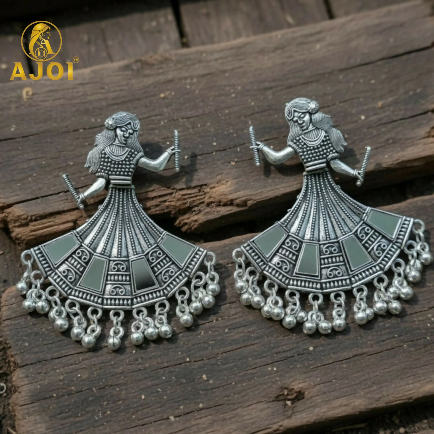 Oxidized Silver Tribal Dancer Earrings with Ghungroo Detailing - Image 3