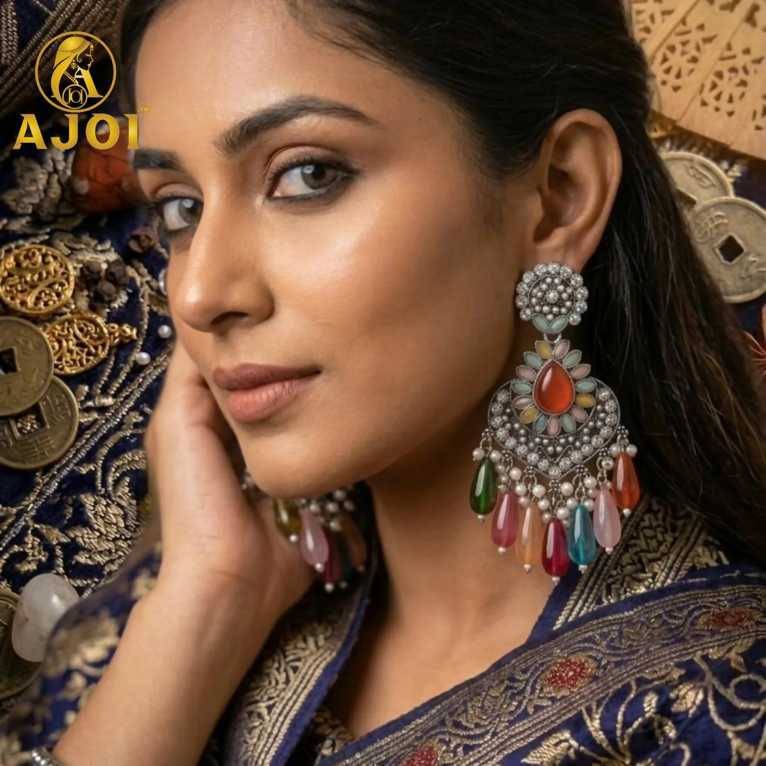 Oxidized Teardrop Earrings with Multicolor Beads & Pearl Tassel Drops - Image 2