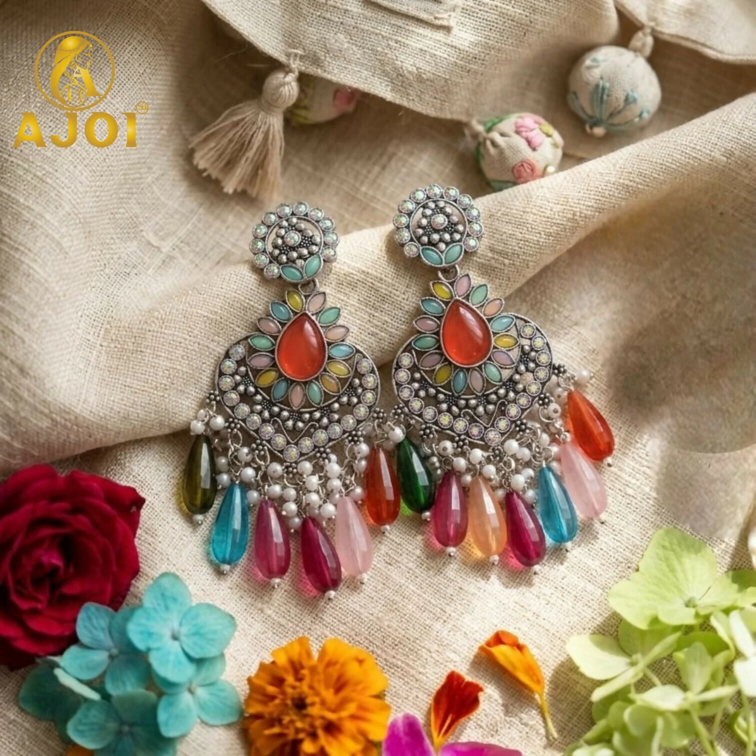 Oxidized Teardrop Earrings with Multicolor Beads & Pearl Tassel Drops - Image 3