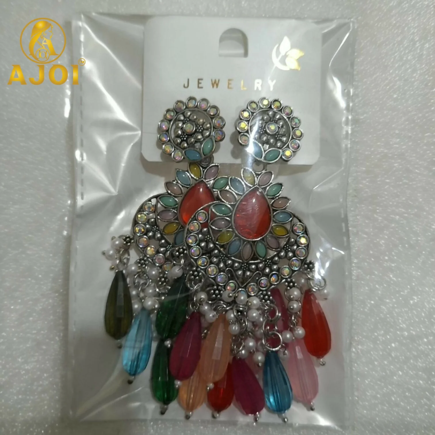 Oxidized Teardrop Earrings with Multicolor Beads & Pearl Tassel Drops - Image 4