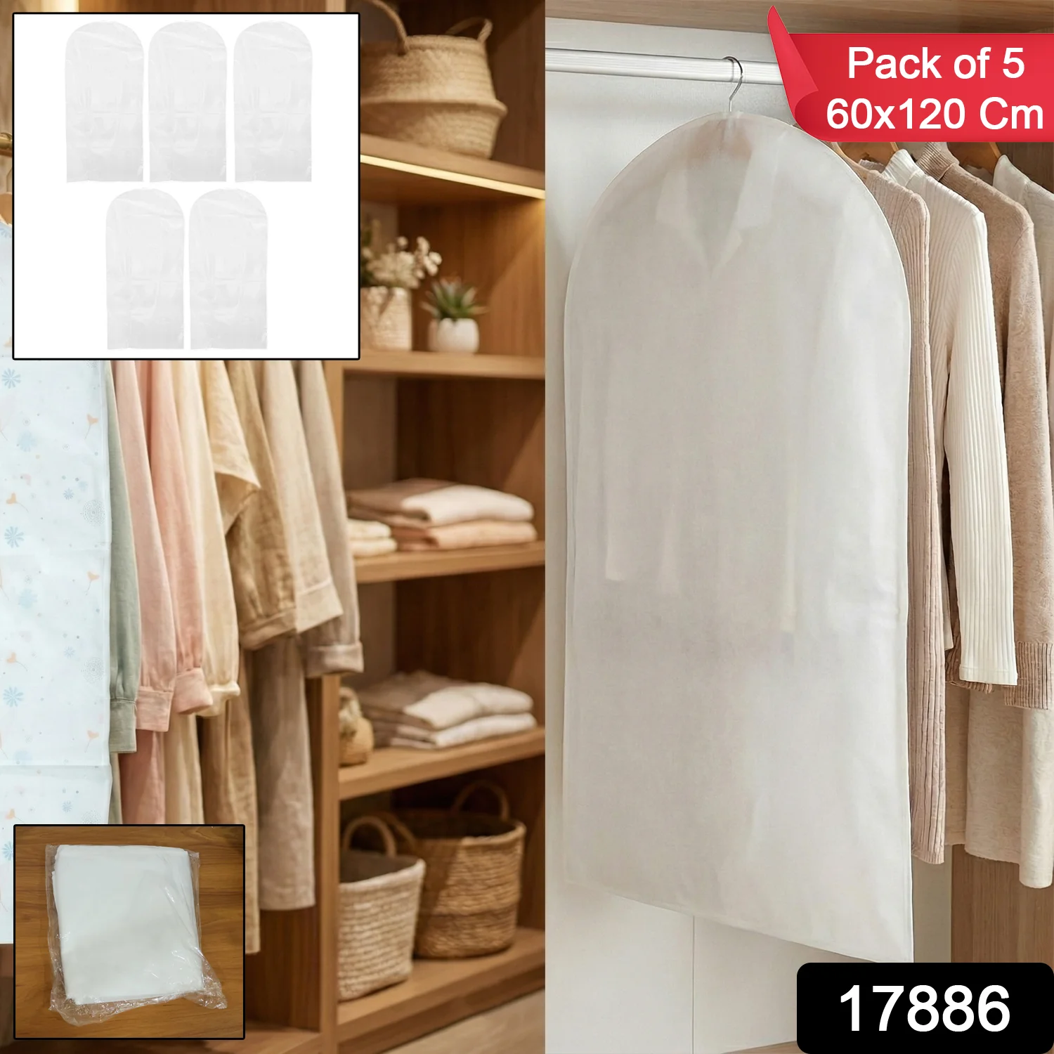 Pack of 5 Hanging Garment Cover Bags for Wardrobe (60 × 120 cm) - Image 2