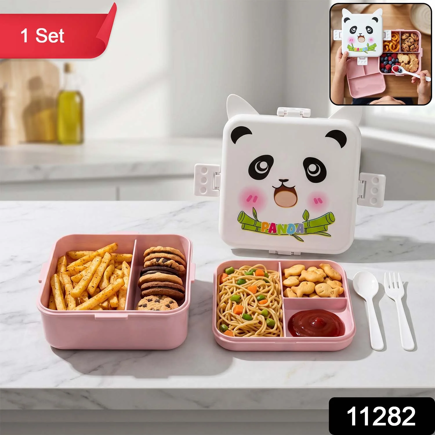 Panda Design Kids Lunch Box with Separate Compartments (1Set) - Image 2