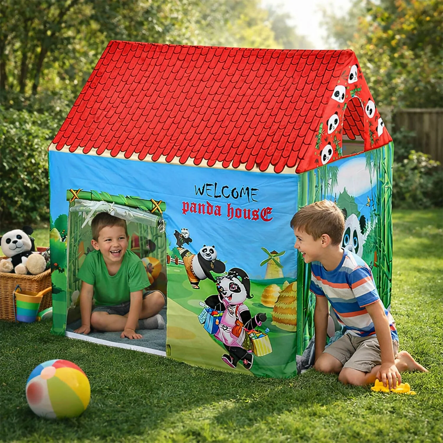 Panda Theme Foldable Kids Play Tent House with Cartoon Print for Indoor & Outdoor Play - Image 3