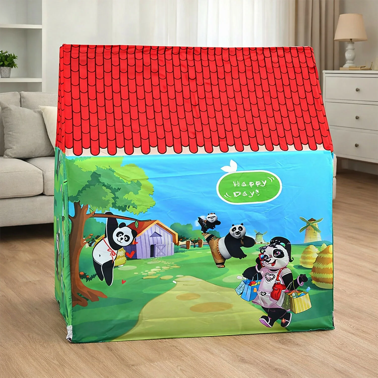Panda Theme Foldable Kids Play Tent House with Cartoon Print for Indoor & Outdoor Play - Image 4