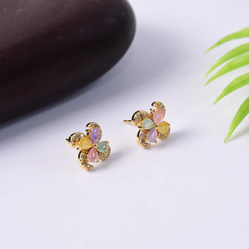 Pastel Crystal Flower Stud Earrings with Gold Finish for Women - Image 2