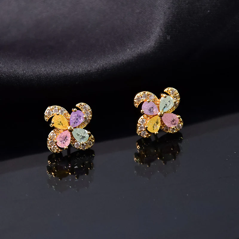 Pastel Crystal Flower Stud Earrings with Gold Finish for Women - Image 3