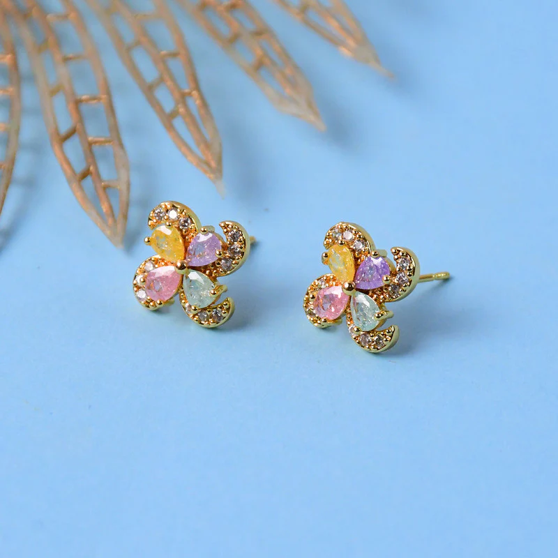 Pastel Crystal Flower Stud Earrings with Gold Finish for Women - Image 4