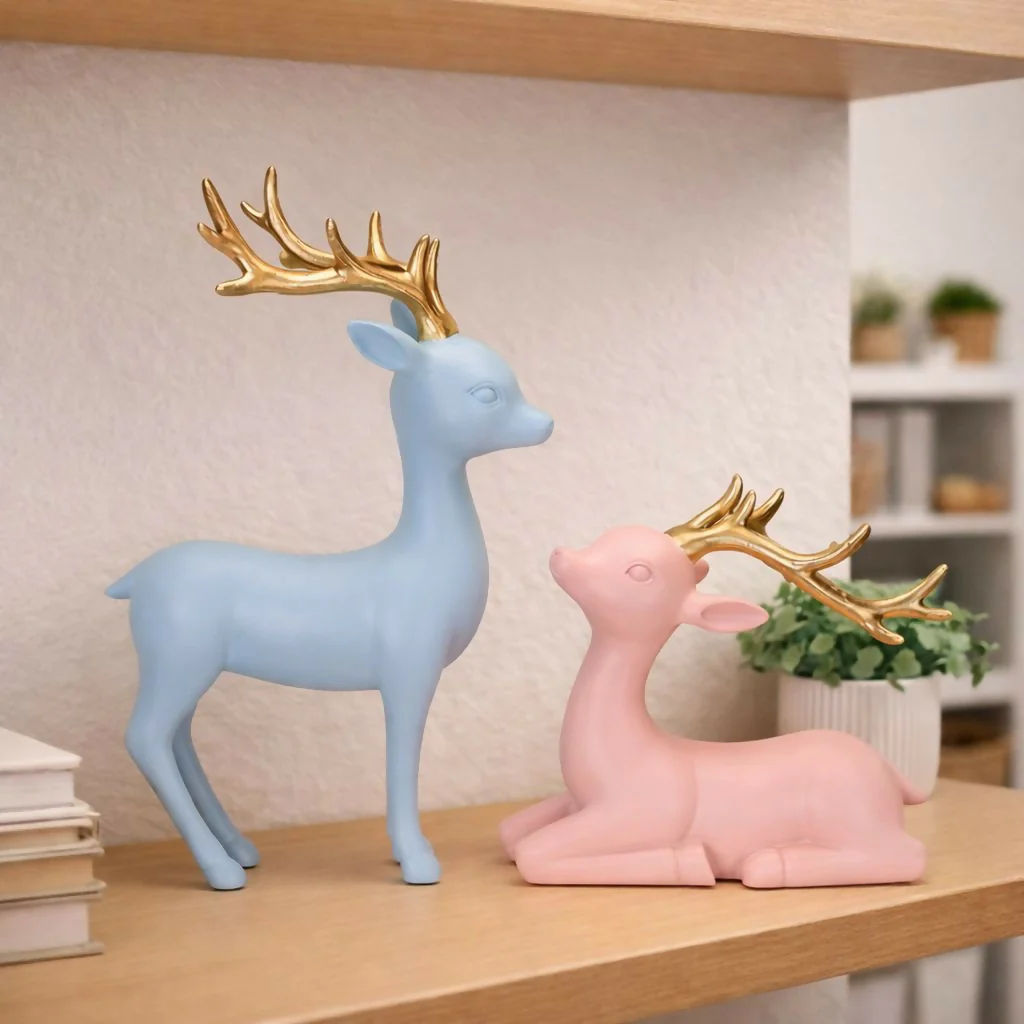 Pastel Deer Showpiece Set with Golden Antlers for Home Decor - Image 2