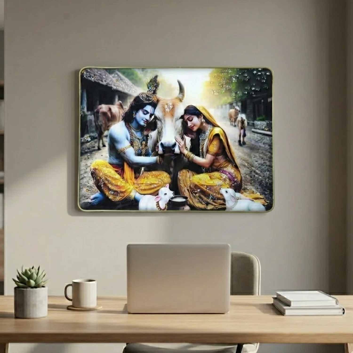 Peaceful Radha Krishna Village Scene Wall Art Frame (1 Pc, 45x30 Cm) - Image 3