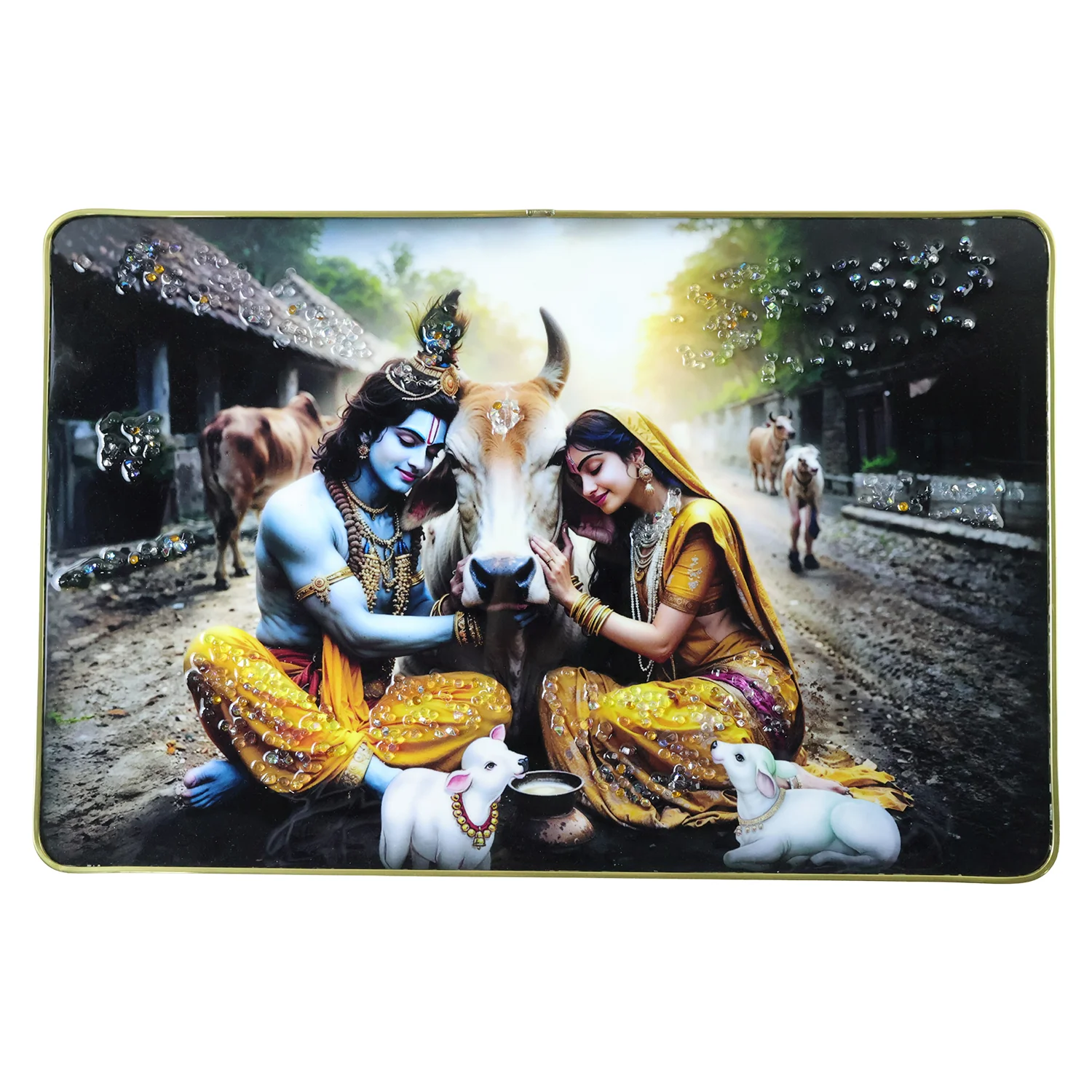 Peaceful Radha Krishna Village Scene Wall Art Frame (1 Pc, 45x30 Cm) - Image 4