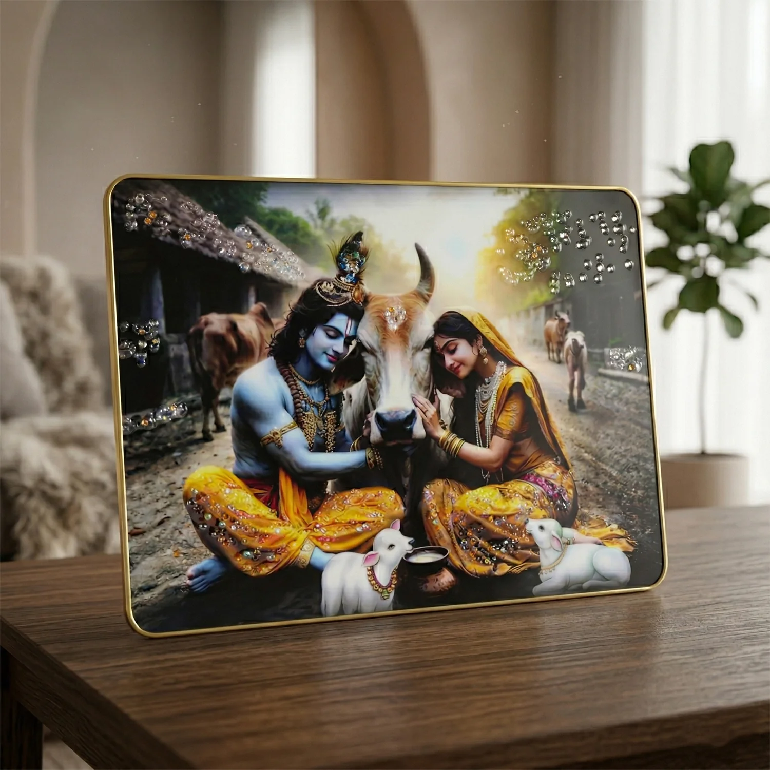 Peaceful Radha Krishna Village Scene Wall Art Frame (1 Pc, 45x30 Cm) - Image 5
