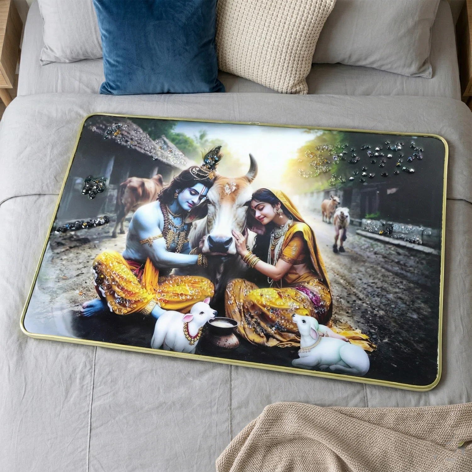 Peaceful Radha Krishna Village Scene Wall Art Frame (1 Pc, 45x30 Cm) - Image 7