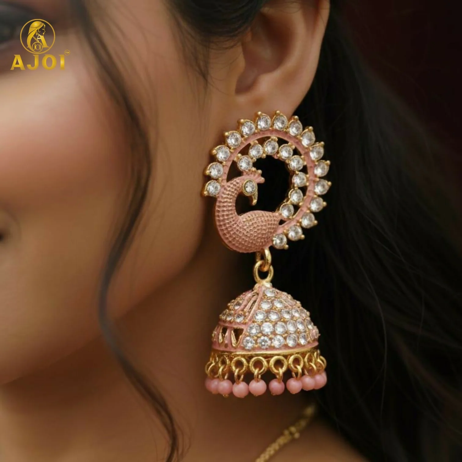 Peach Sparkle Peacock Stone Jhumka Earrings - Image 2