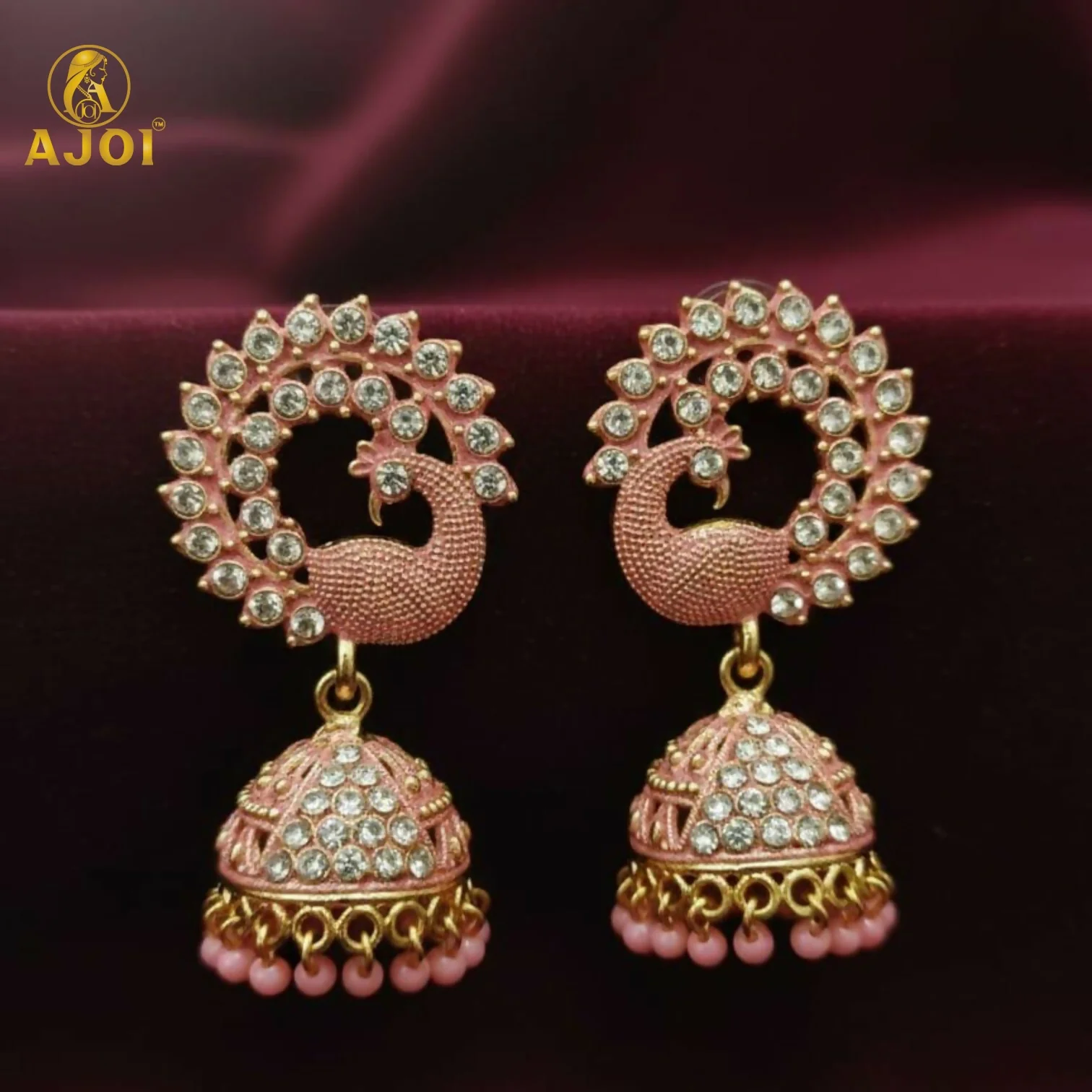 Peach Sparkle Peacock Stone Jhumka Earrings - Image 3