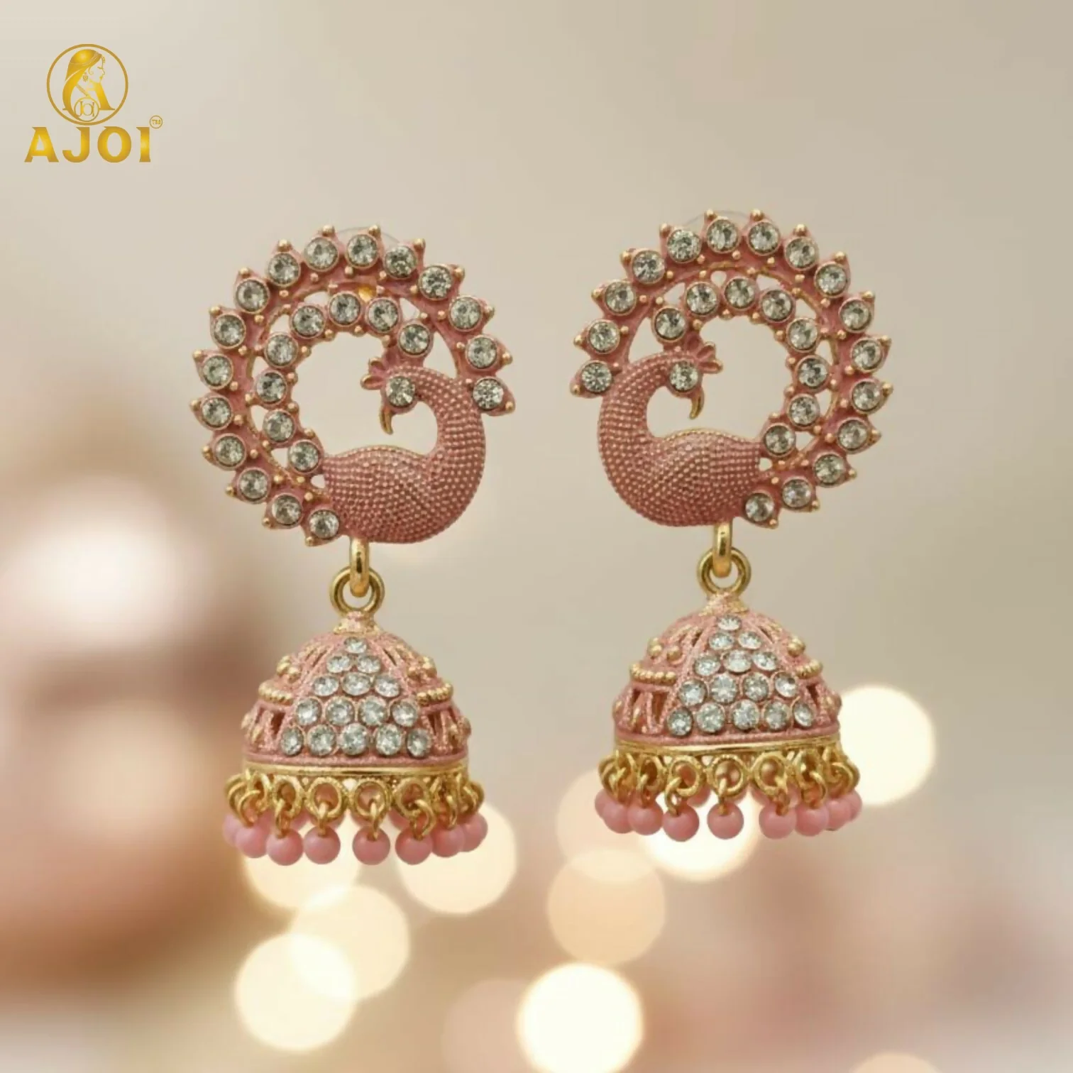 Peach Sparkle Peacock Stone Jhumka Earrings - Image 4