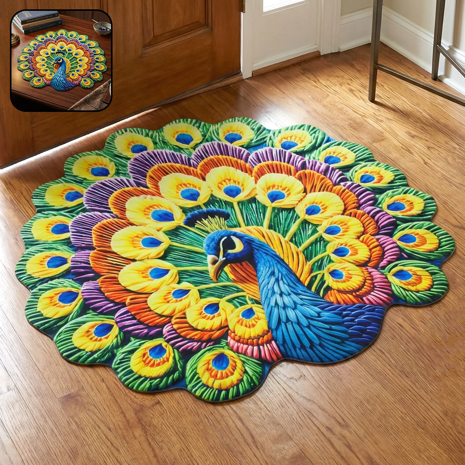 Peacock Design Round Floor Mat, 58x58 cm - Image 3