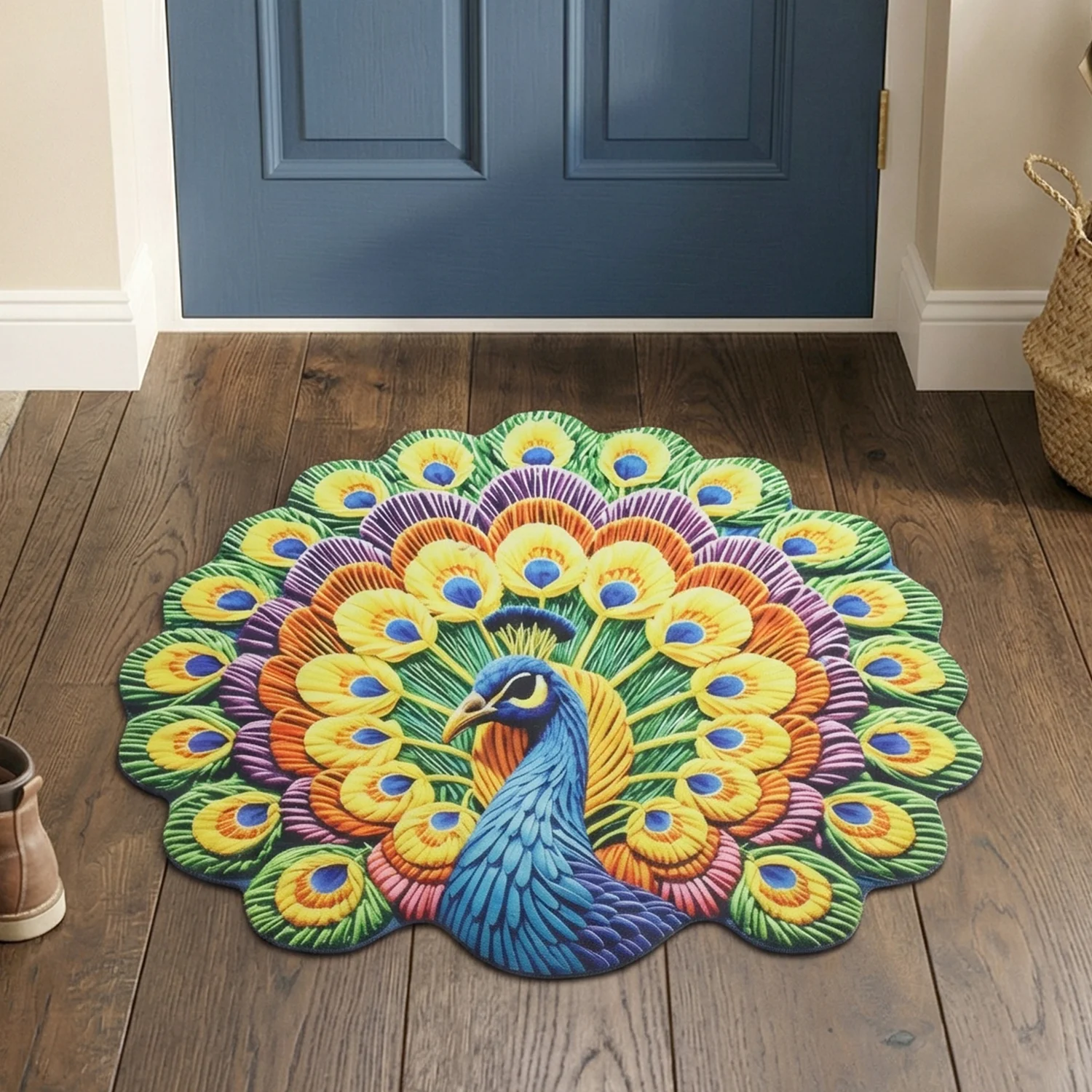 Peacock Design Round Floor Mat, 58x58 cm - Image 8