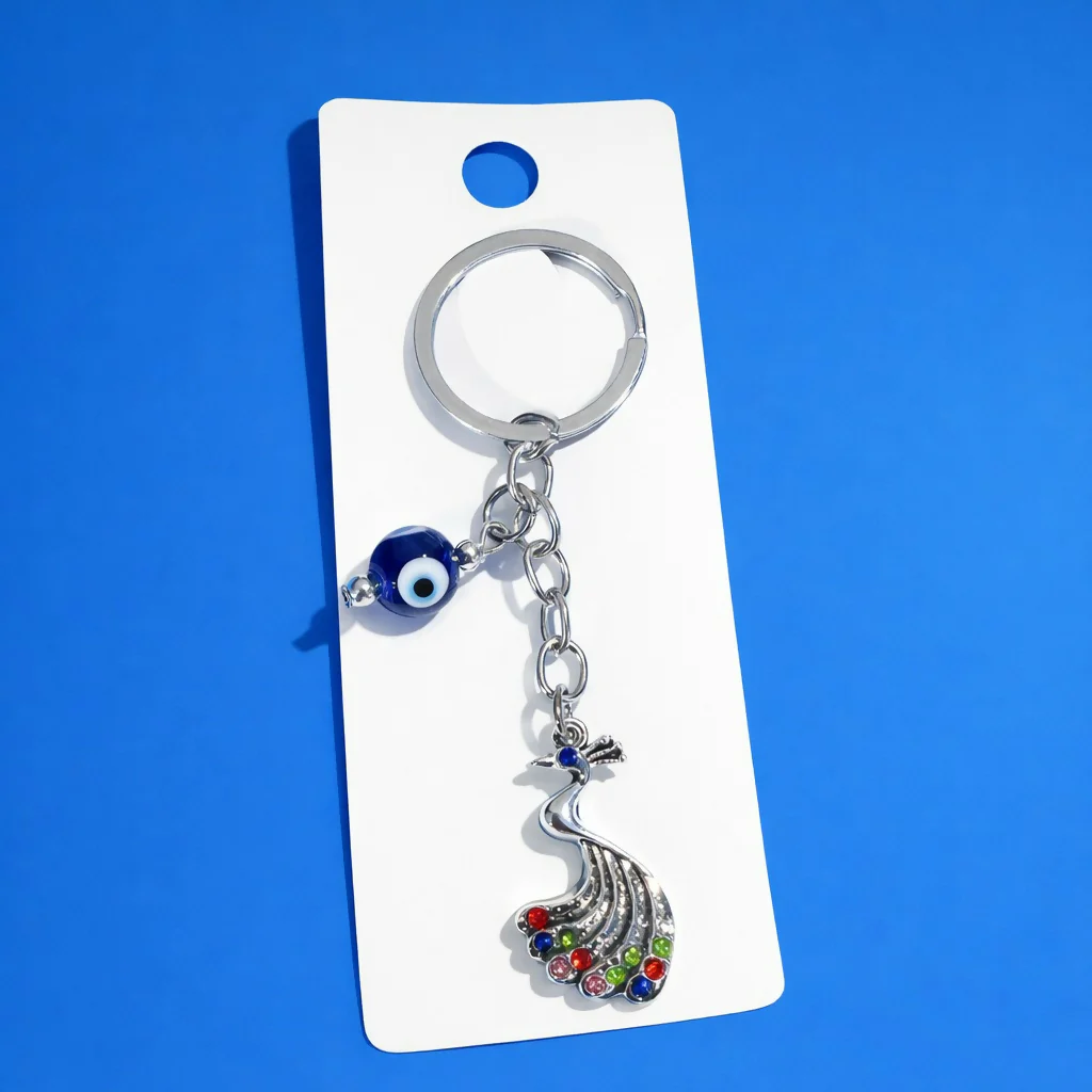 Peacock Evil Eye Keychain with Multicolour Stones for Car Keys & Bags - Image 2