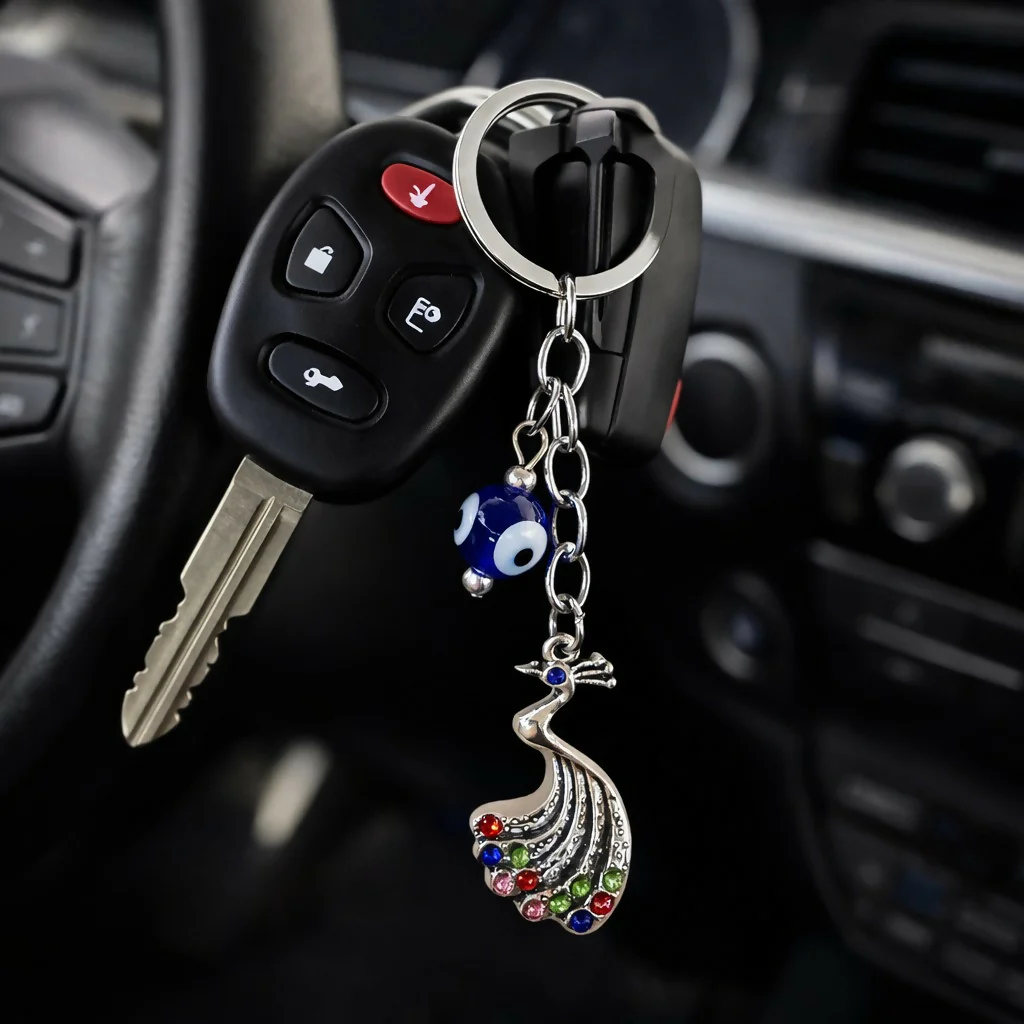 Peacock Evil Eye Keychain with Multicolour Stones for Car Keys & Bags - Image 3