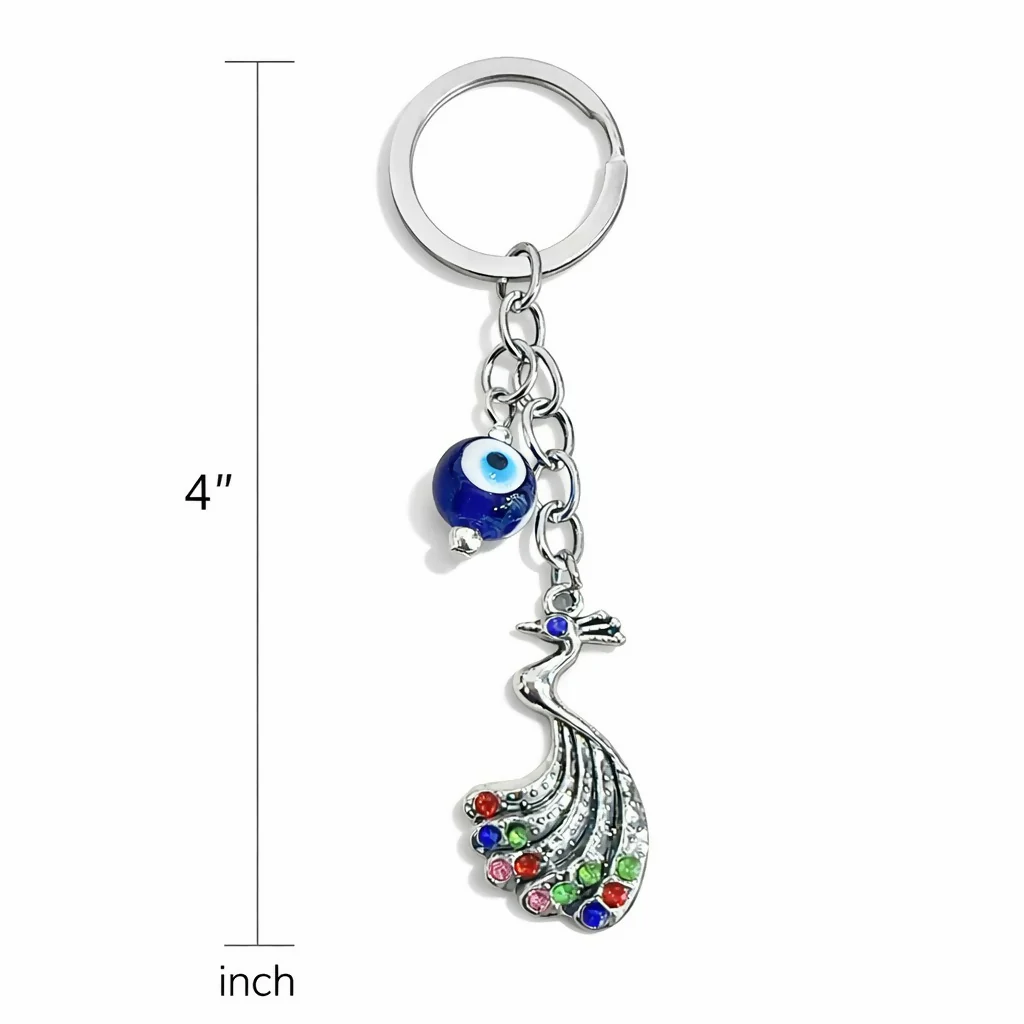 Peacock Evil Eye Keychain with Multicolour Stones for Car Keys & Bags - Image 4