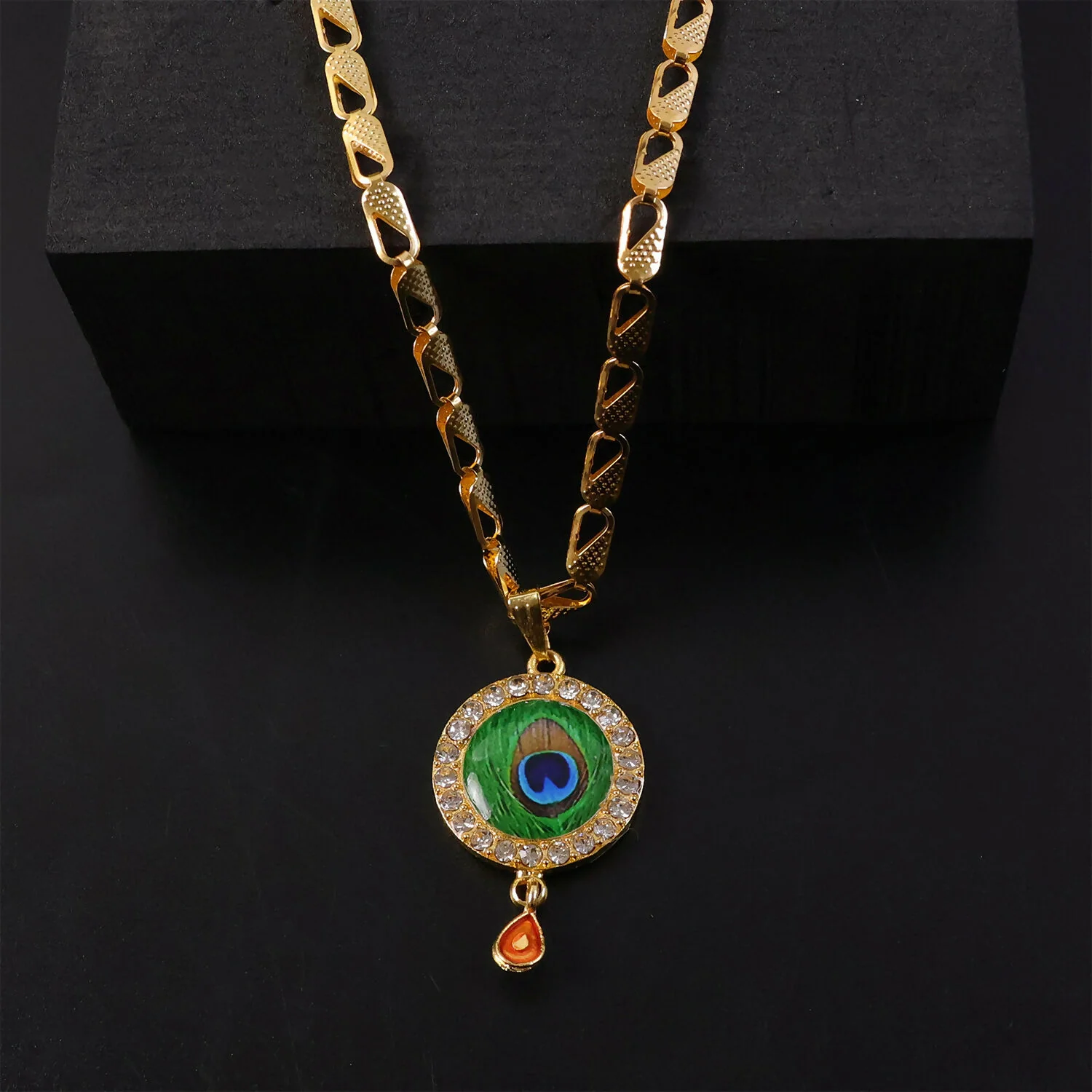 Peacock Feather Stone Pendant Gold Chain Necklace - Image 3