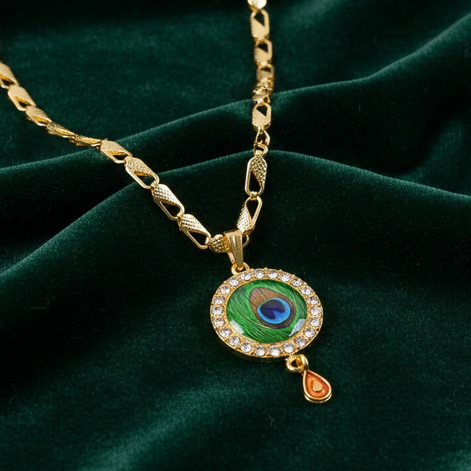 Peacock Feather Stone Pendant Gold Chain Necklace - Image 4