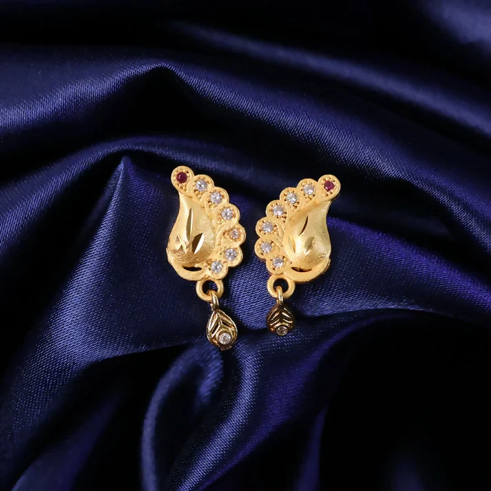 Peacock Inspired Gold Finish Earrings With Textured Motif And Stone Drop Accent - Image 2