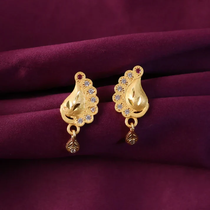 Peacock Inspired Gold Finish Earrings With Textured Motif And Stone Drop Accent - Image 3