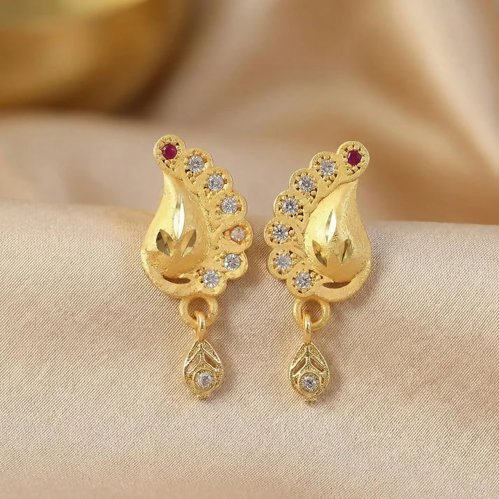 Peacock Inspired Gold Finish Earrings With Textured Motif And Stone Drop Accent - Image 4