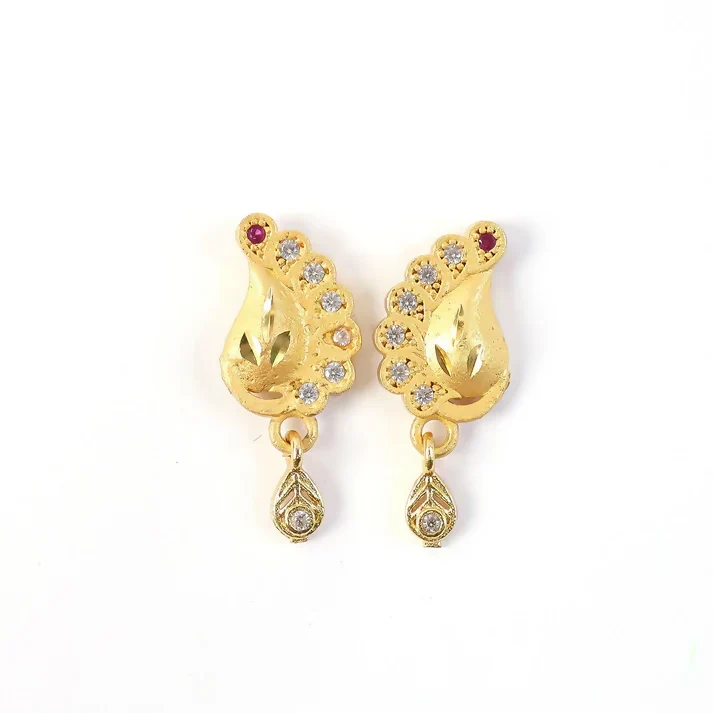 Peacock Inspired Gold Finish Earrings With Textured Motif And Stone Drop Accent - Image 5
