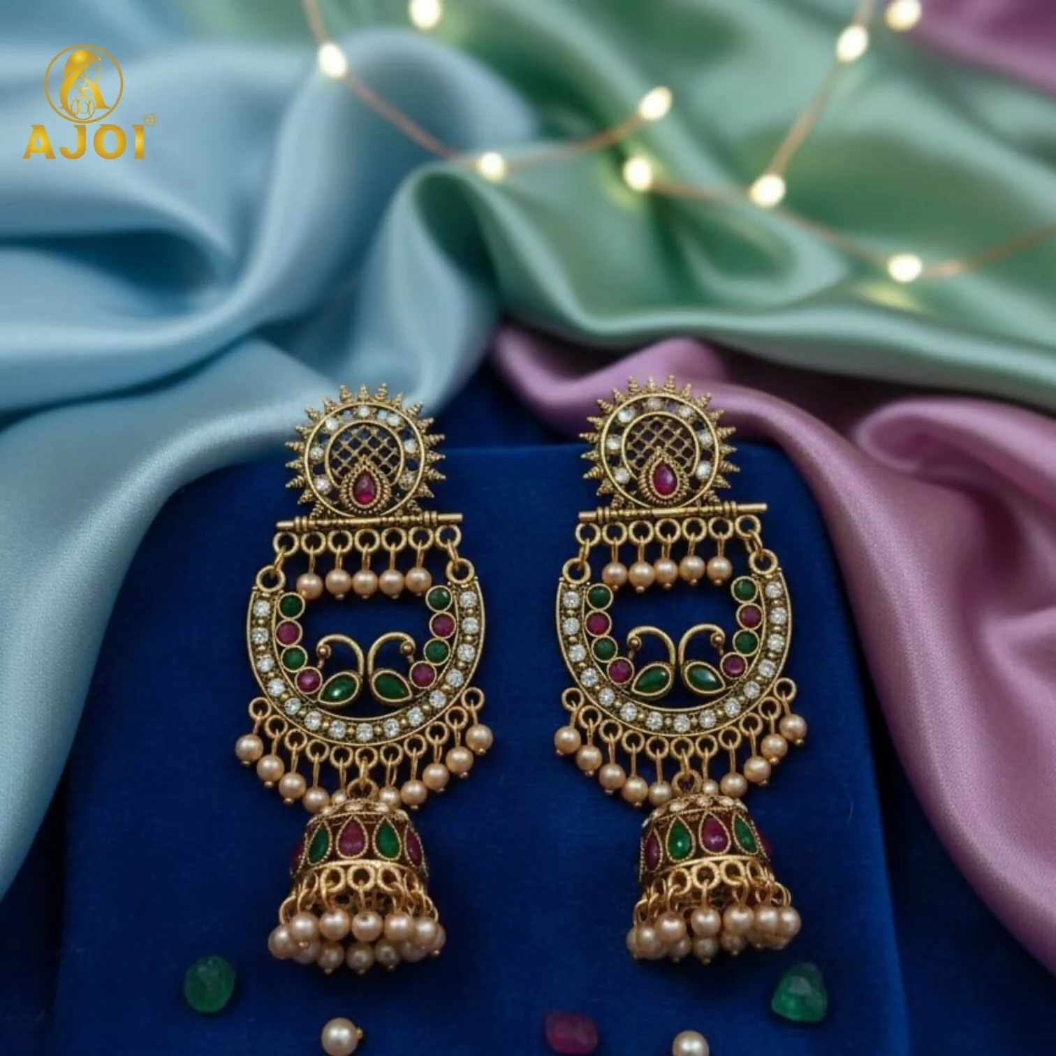 Peacock Motif Antique Gold Finish Chandbali Jhumka Earring - Image 3