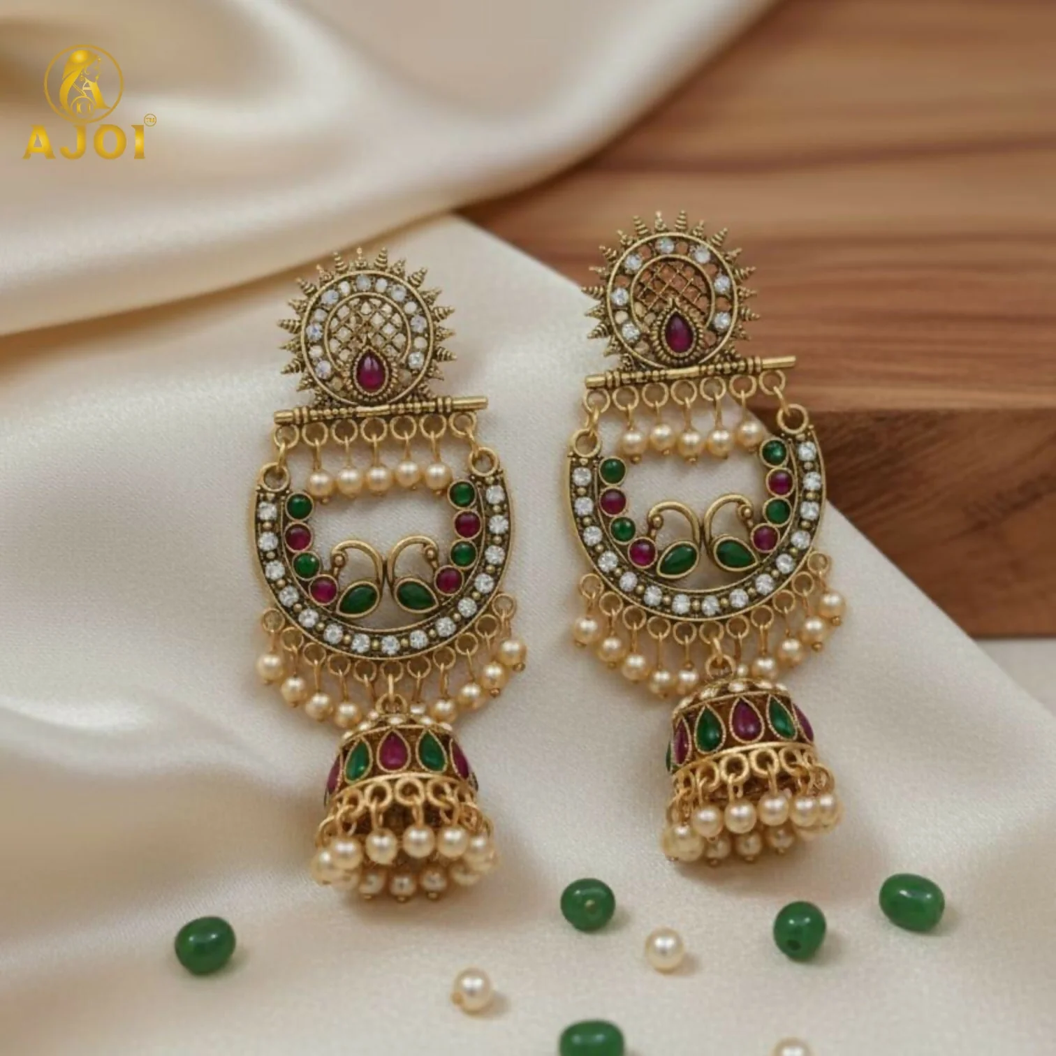 Peacock Motif Antique Gold Finish Chandbali Jhumka Earring - Image 4