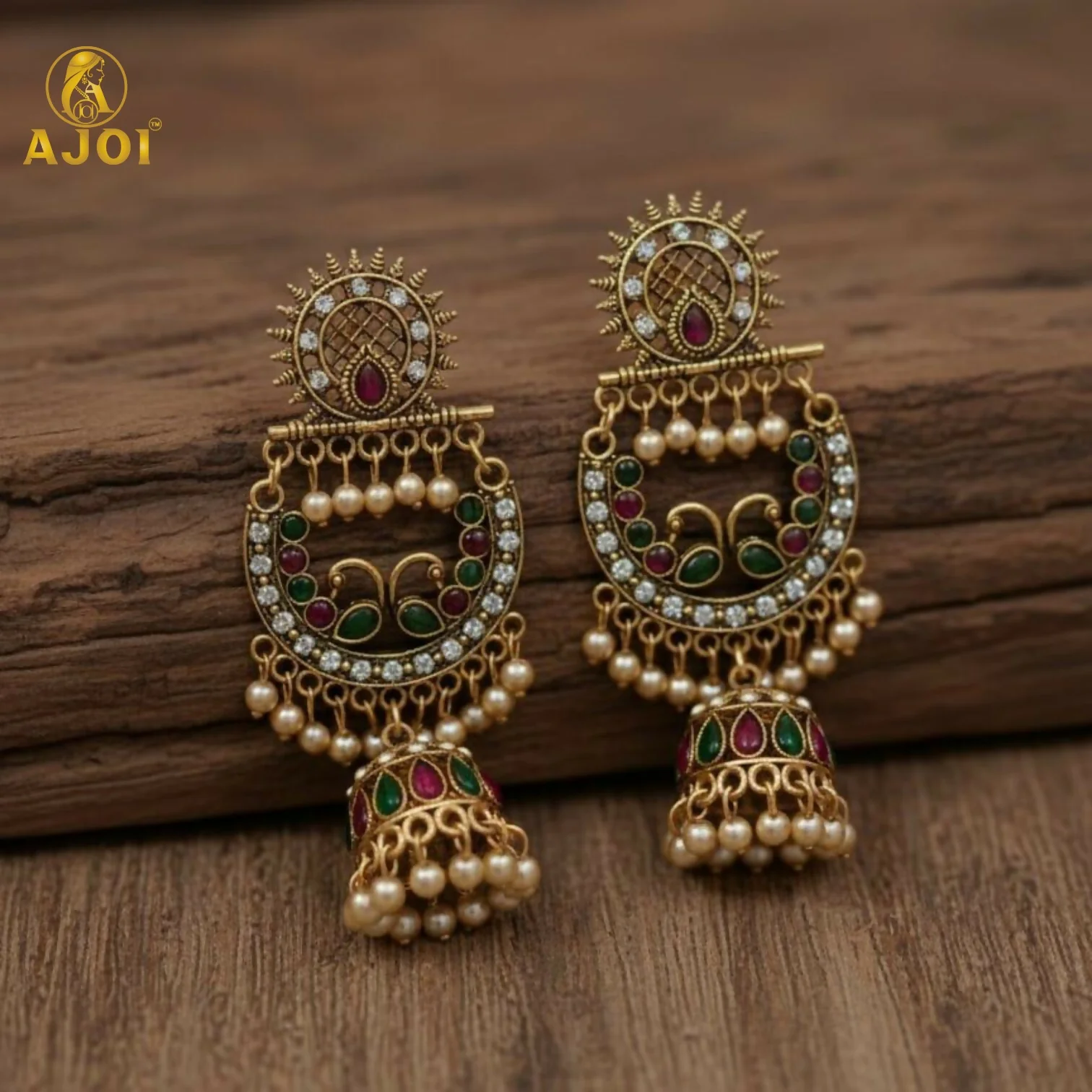 Peacock Motif Antique Gold Finish Chandbali Jhumka Earring - Image 5