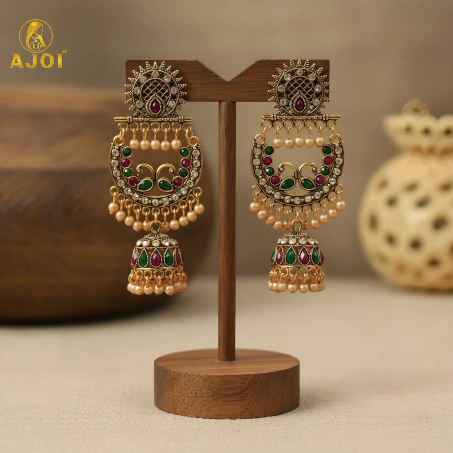 Peacock Motif Antique Gold Finish Chandbali Jhumka Earring - Image 6