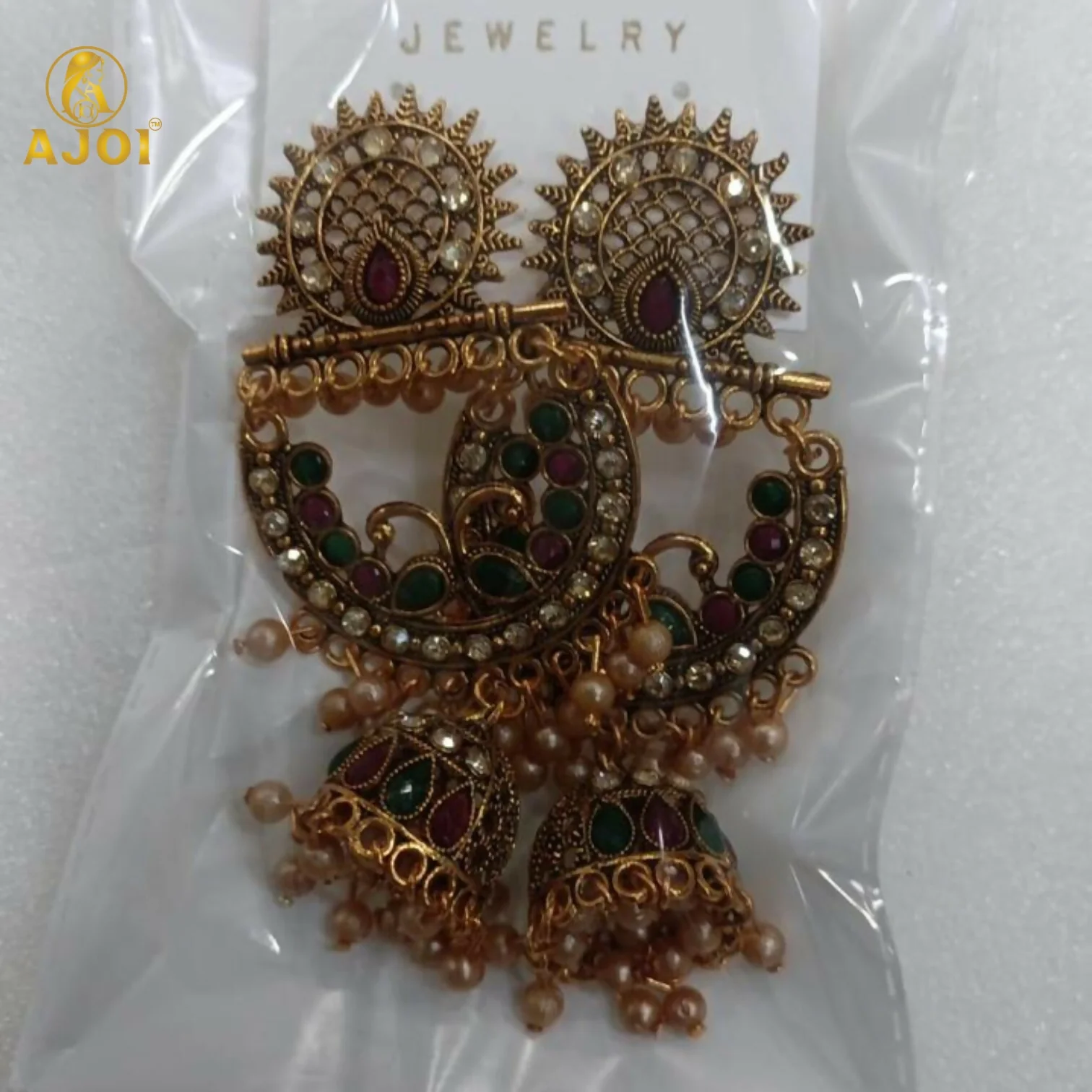 Peacock Motif Antique Gold Finish Chandbali Jhumka Earring - Image 7