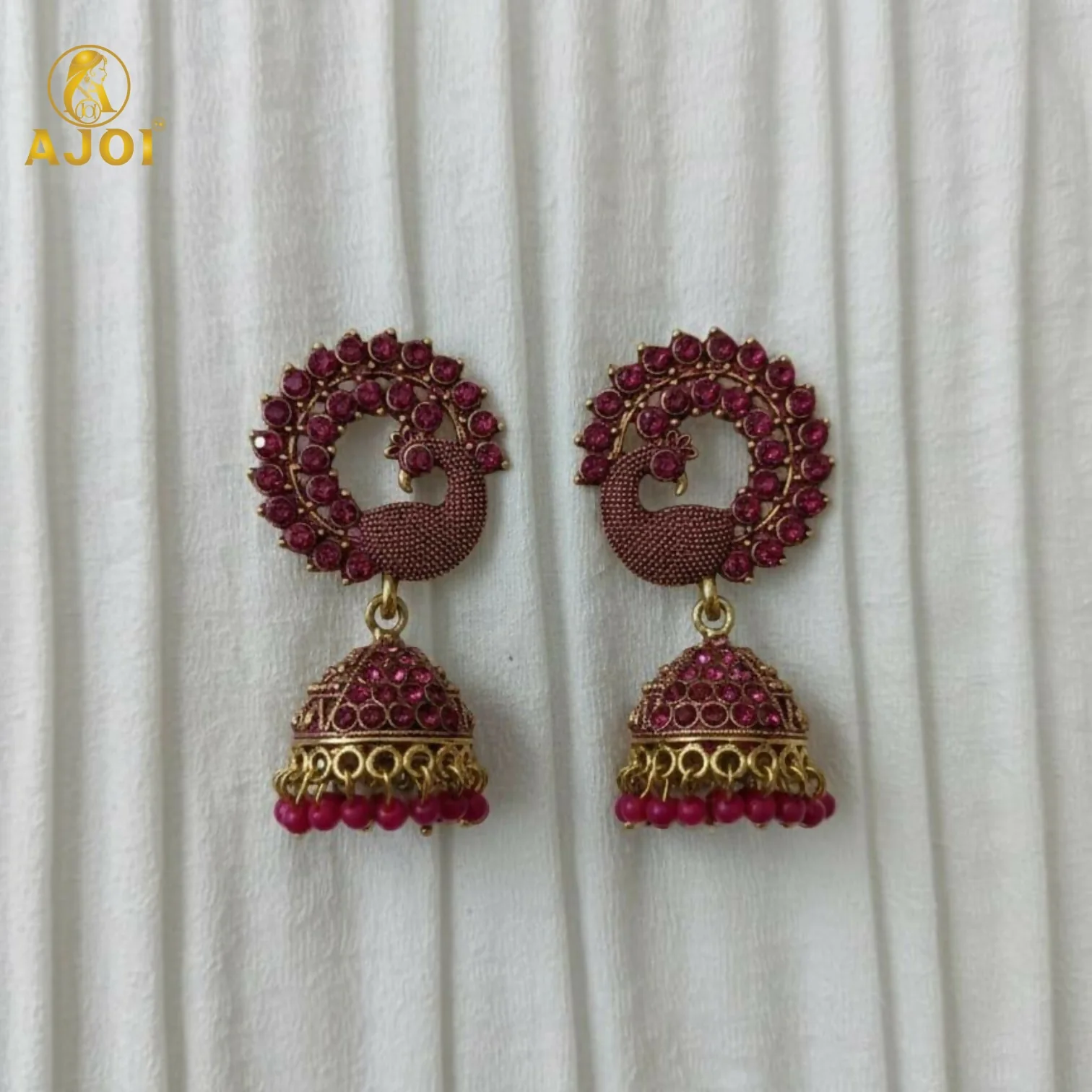 Peacock Motif Ruby-Tone Jhumka Earrings in Antique Gold Finish - Image 3