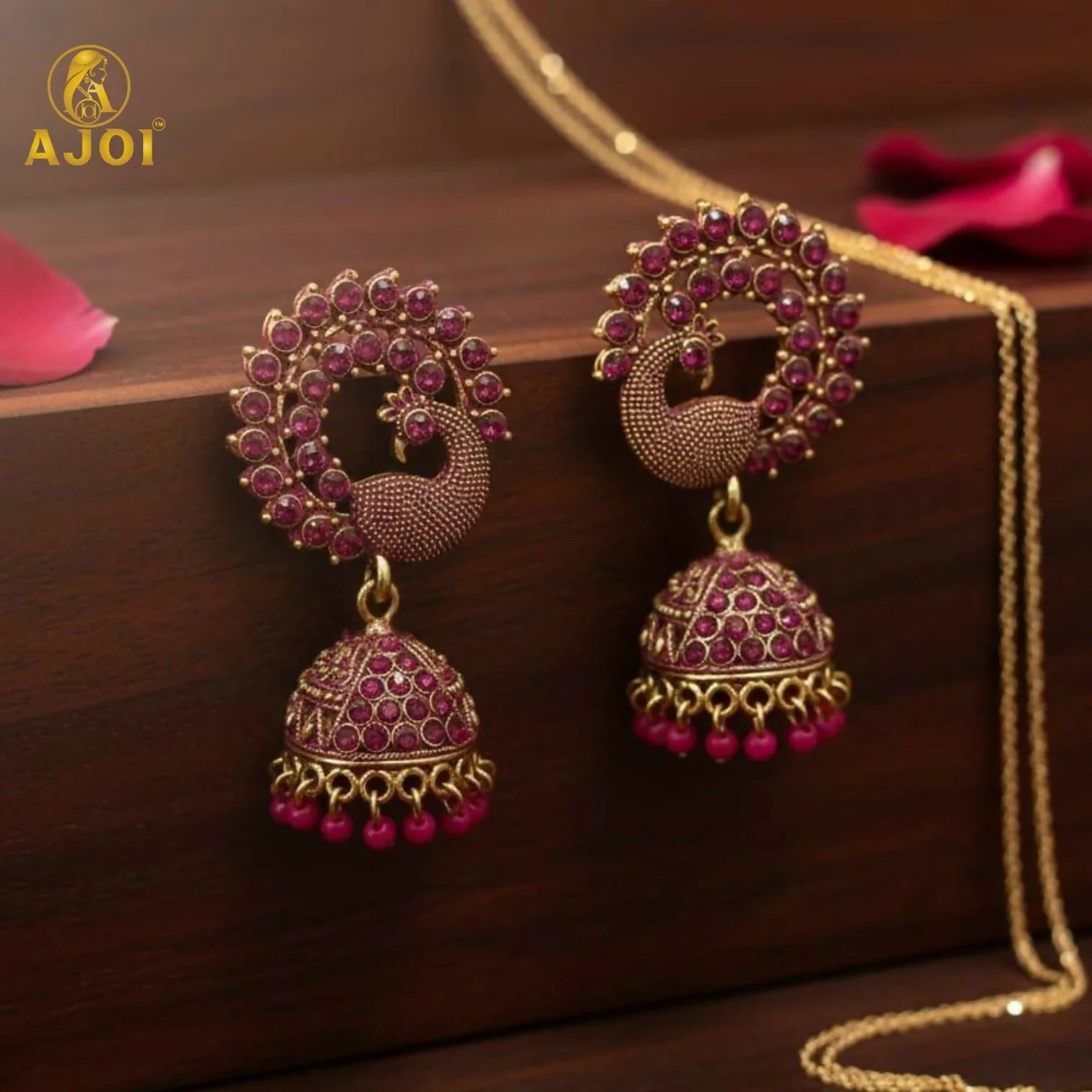 Peacock Motif Ruby-Tone Jhumka Earrings in Antique Gold Finish - Image 5