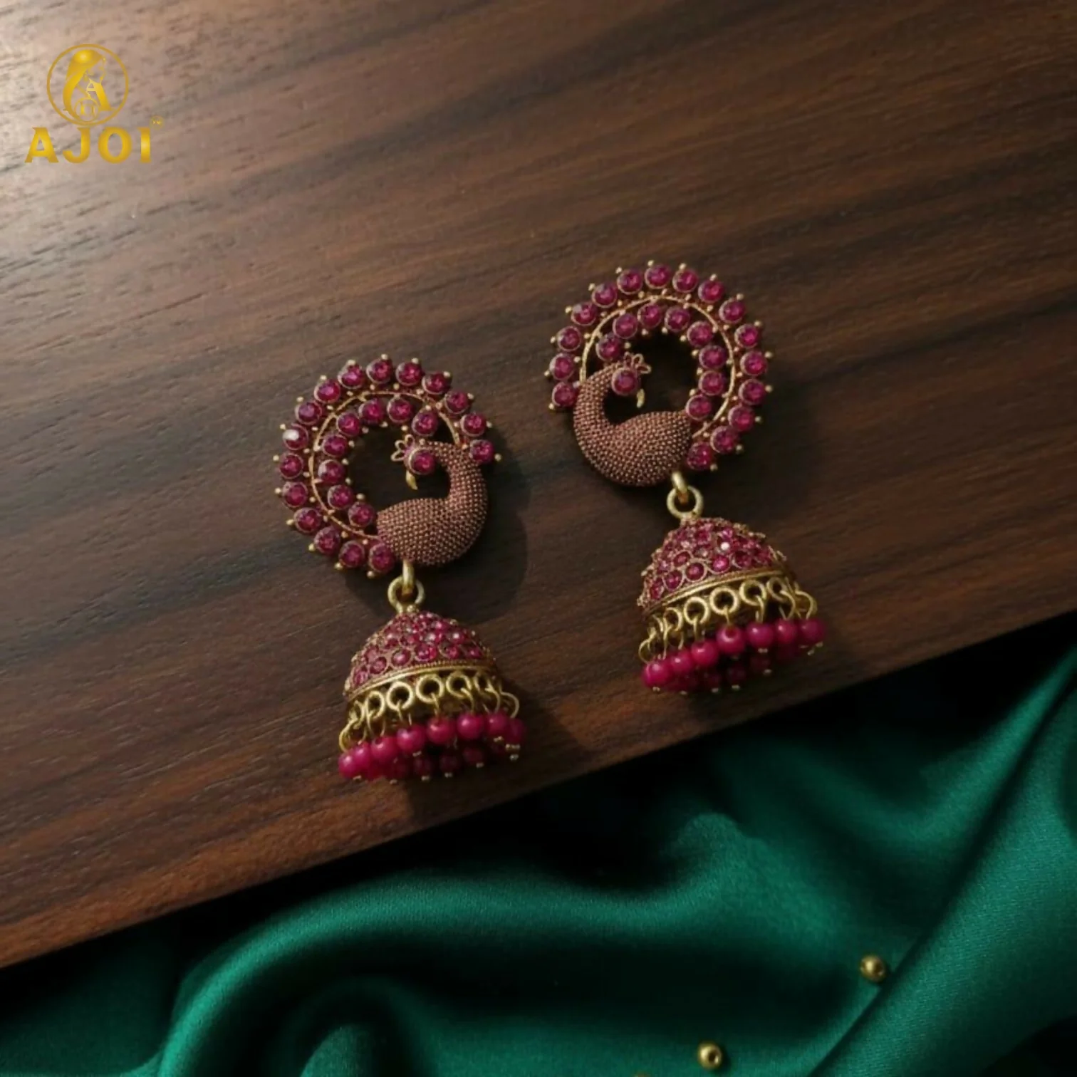 Peacock Motif Ruby-Tone Jhumka Earrings in Antique Gold Finish - Image 6